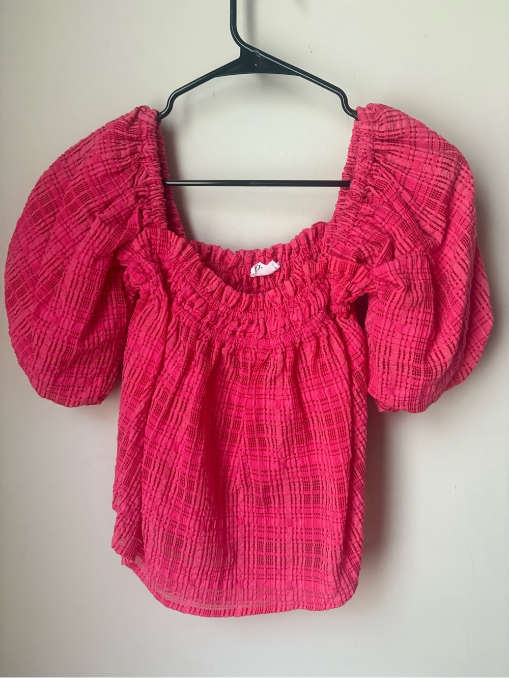 Smocked Off-Shoulder Puff Sleeve Blouse in Hot Pink